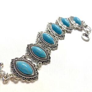 Southwestern country look chain bracelet silvertone faux turquoise toggle clasp
